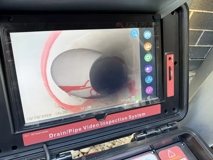 Drain camera screen showing the inside of the stormwater pipe 15.5 metres in, Casula